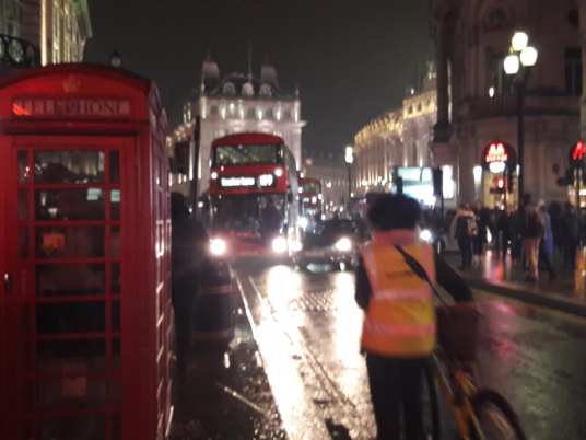 Random cyclist approaches bus